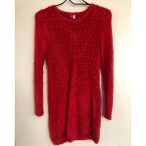 Fuzzy Red Long Sleeved Mini-Dress